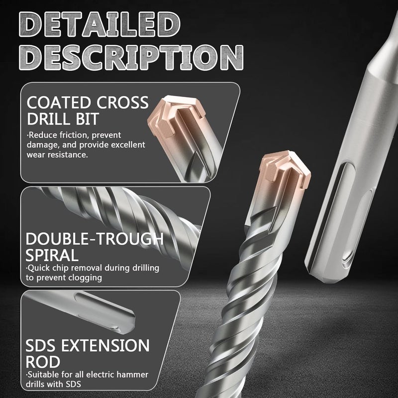 FROOOK SDS Plus Rotary Hammer Drill Bit,1/2"×18"（12.5mm×460mm） - 4 Carbide Cutting Edges & Coated Head | Heavy-Duty for Masonry, Concrete, Natural Stone, Brick Walls - Image 3